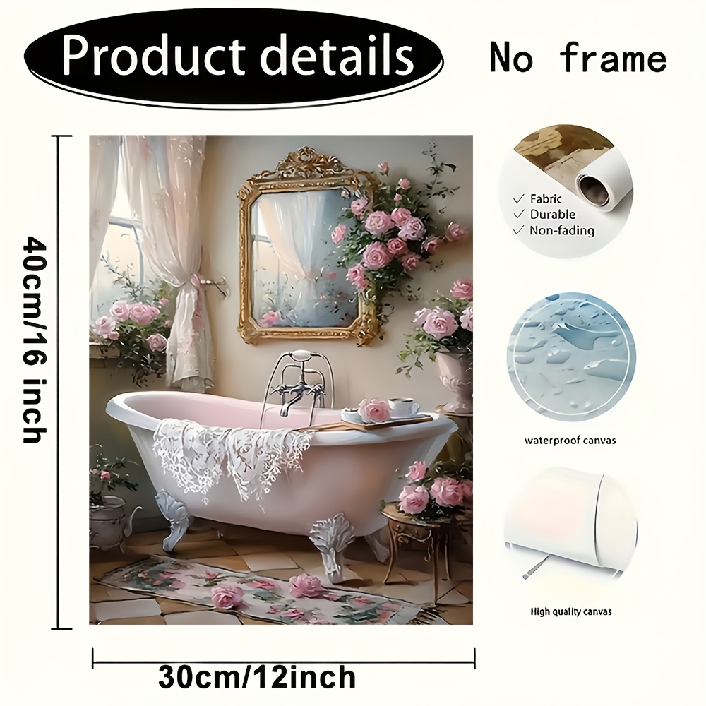 TEMU 2d Flat, 2d Flat Prints 1pc Frameless Vintage Clawfoot Bathtub Floral Canvas Wall Art Poster - Bathroom Decor With & Lace, 12x16 Inches Canvas