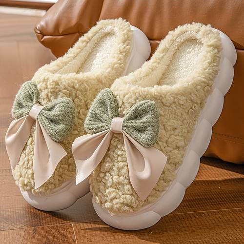 winter slippers cute womens bow couple home indoor warm postpartum shoes anti slip fleece plush slippers women shoes