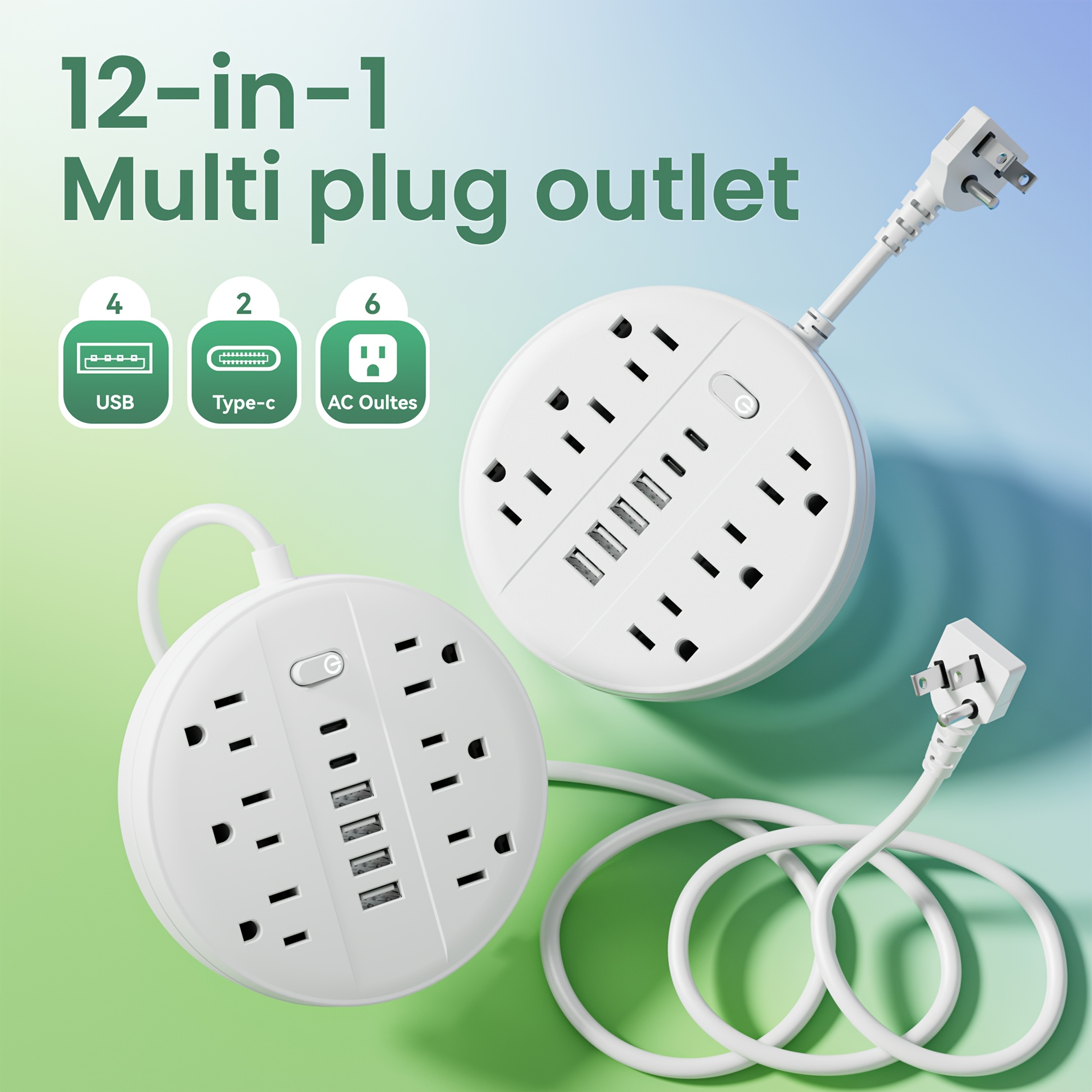 12-in-1 Surge Protector Power Strip – 6 AC Outlets with 4 USB-A & 2 USB-C Ports, Flat Plug Extension Cord, Wall Mount Charging Station for Home & Office — Zaynora Luxury Marketplace