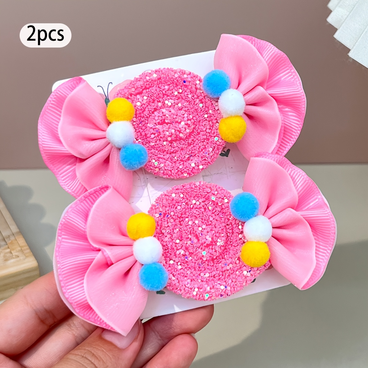 TEMU 2pcs Sweet Bow Clips For, Colorful Pom-poms Bow Hair Barrettes For Daily Wear, Durable Hairpins, Hair Additions For