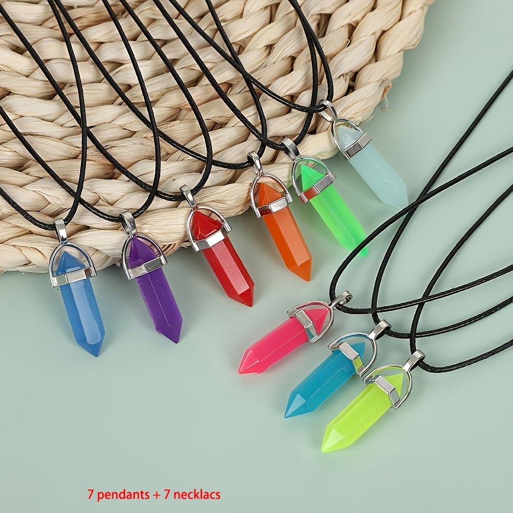 TEMU 14pcs Hexagonal Fluorescent Pendant Necklace Set: 7 Pendants + 7 Necklaces. -the-dark Pointed Pendants With Black Adjustable Necklace Cords.