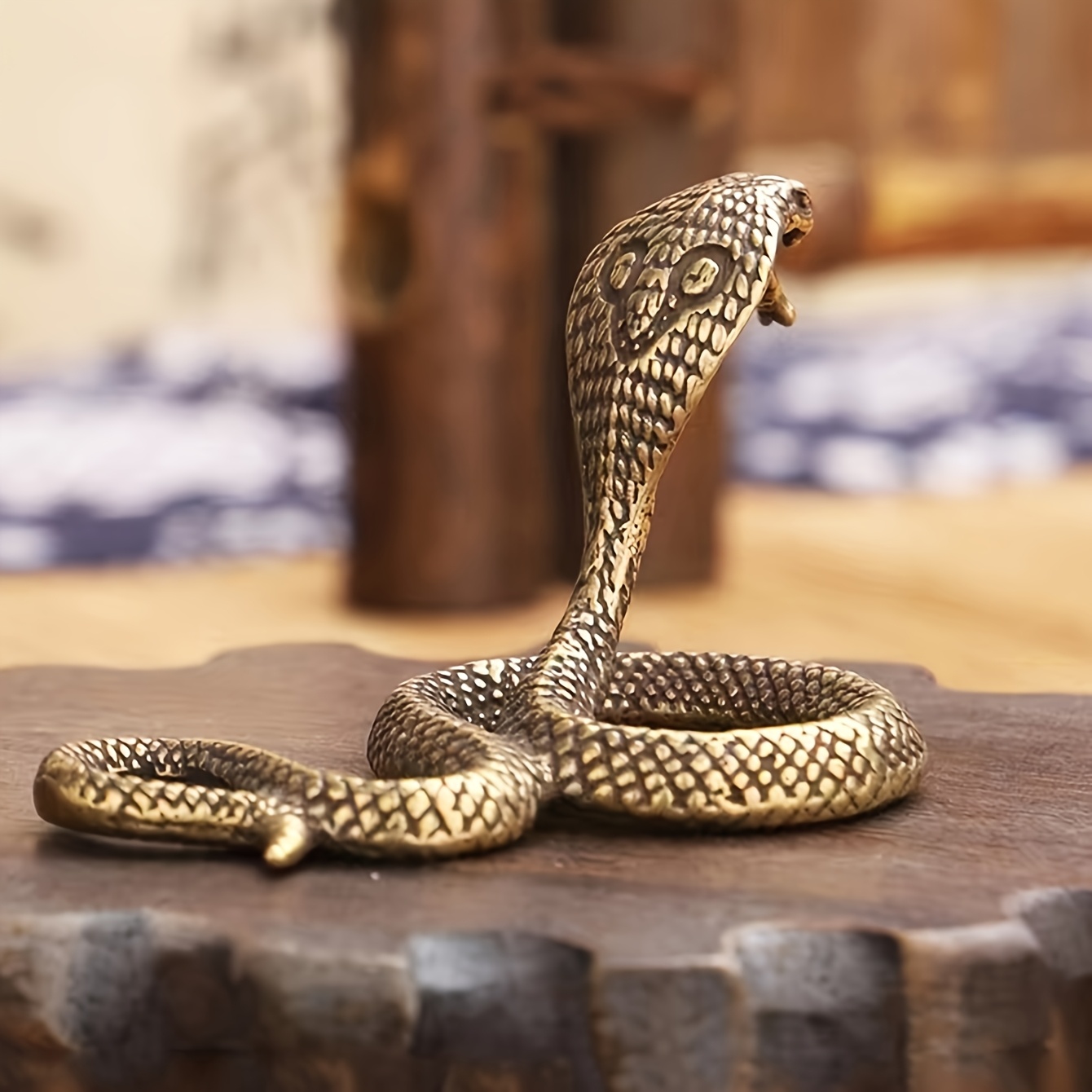 Image of Vintage Antique-style Brass Sculpture - Realistic Coiled Cobra Statue For /outdoor Use, For,, Patio, Tabletop Decor - Durable Reptile Figurine, Perfect Gift For Collectors & Lovers