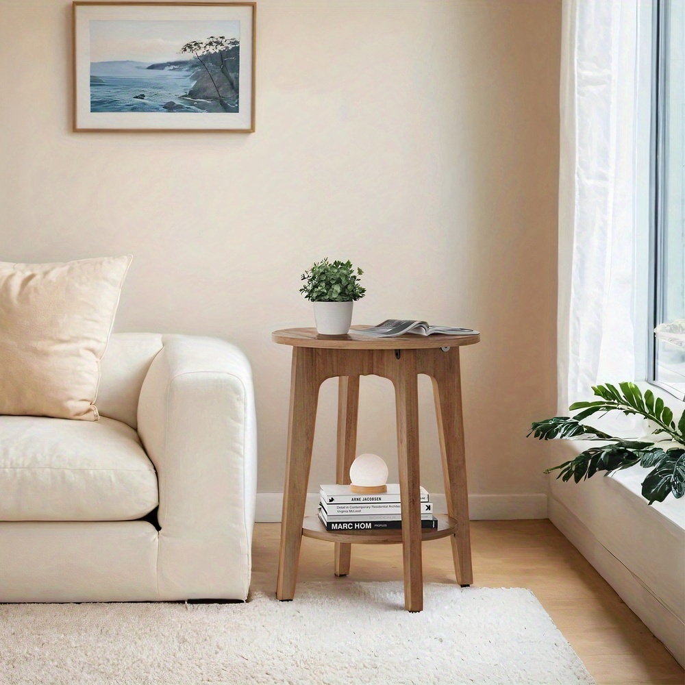 Modern Round Side Table With Lower Shelf - Space- Sofa Table & Nightstand Suitable For Small Spaces, Bedside, Living Room - Honey Brown Wood, Assembly, Compact Round
