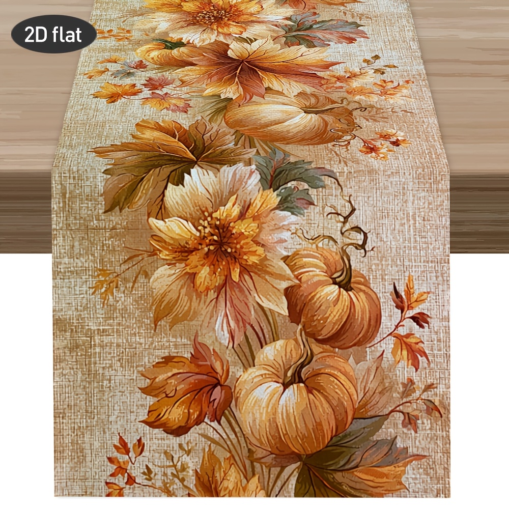 TEMU 1pc, Natural Pumpkin Yellow Flower Full-print Table Runner, , Latest Autumn Table Runner, Printed Polyester Tablecloth, For Kitchen And Home,