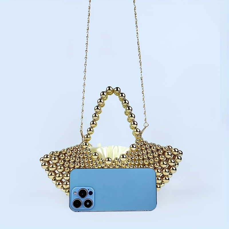 [New, Fashion Handbag] 2024 New Women's Fashion Handbag | Fan-Shaped Hollow Out Pearl Evening Bag with Removable Strap Drawstring Closure Polyester Lining Handcrafted Clutch