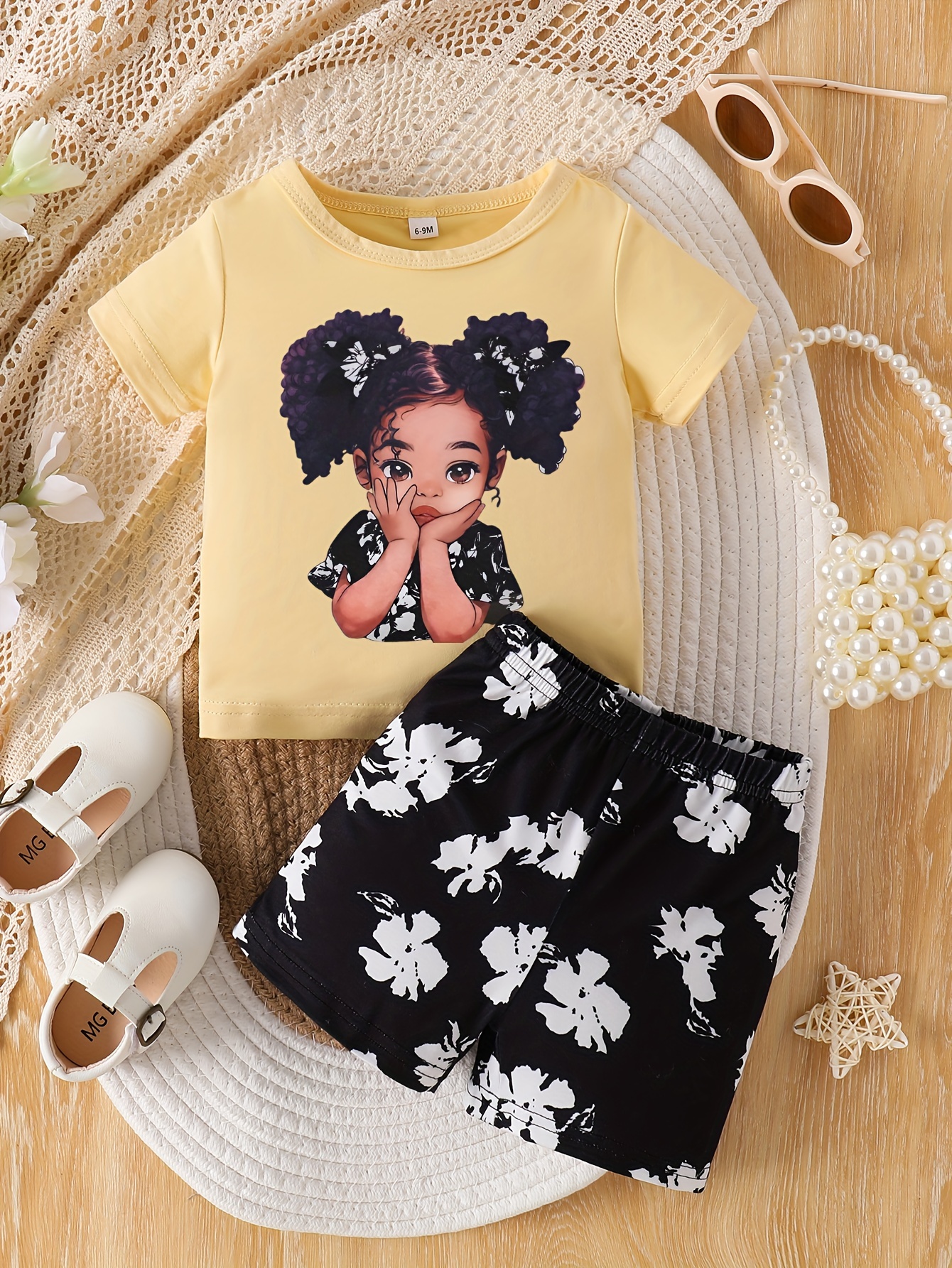 2PCS Baby's Cartoon Shy Girl Print T-Shirt + Casual Flower Pattern Shorts Toddler & Infant Girl's Clothing Set