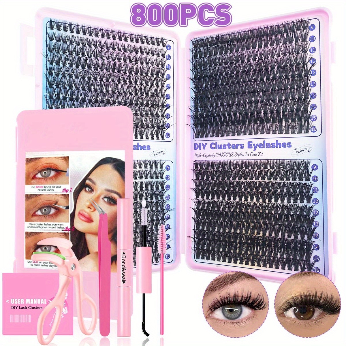 Image of 200/800pcs Eyelash Extensions Kits With Glue& Tweezers& Lash Brush& Eyelash Curler, Exquisite Gift Set , New Year Gift, Wedding, Music Festival, Thanksgiving Day