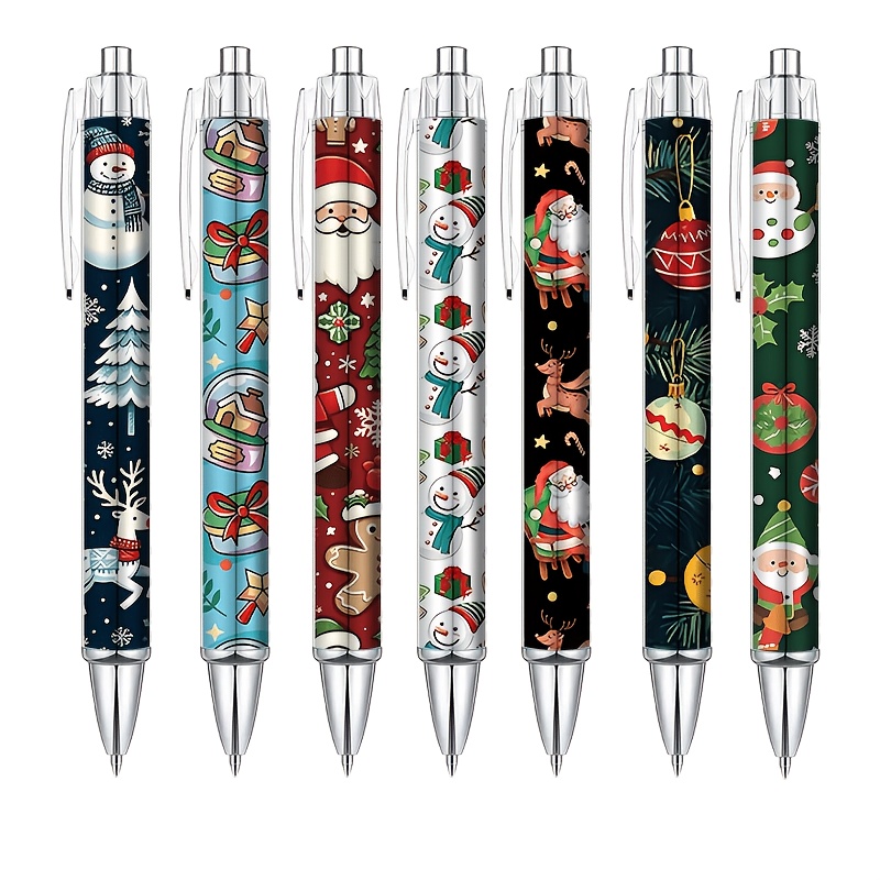 TEMU 7pcs Christmas-themed Ballpoint Pen Stationery Set - Cute Gift For Adults, Retractable Pens With Christmas Patterns, Black Ink, Holiday Party