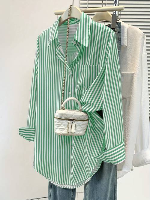 womens elegant striped button shirt with chest pocket long sleeve button up blouse for office casual attire vertical striation vertical stripes machine washable buttonshirt top no