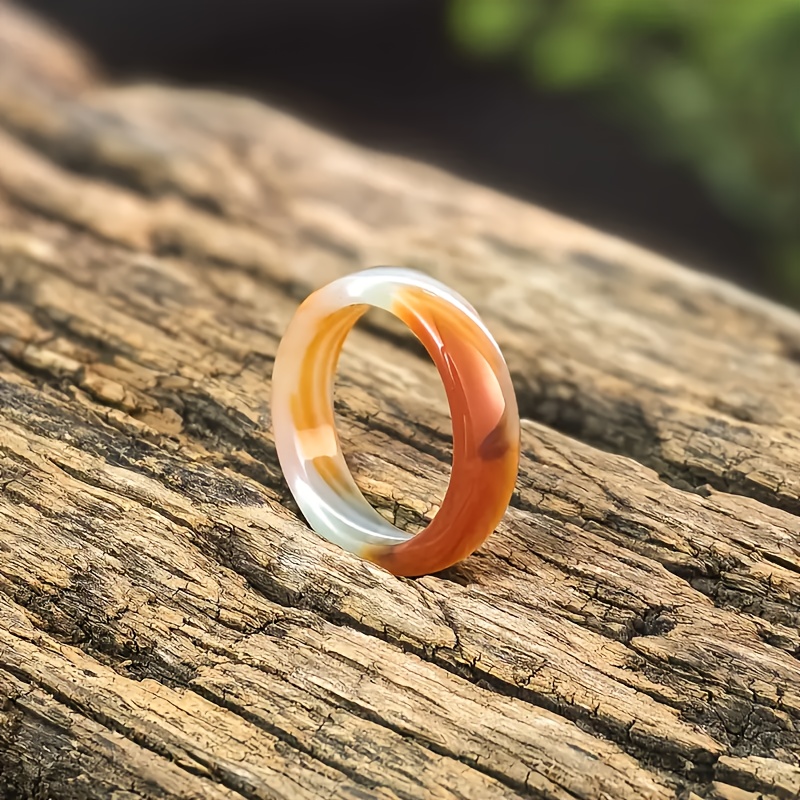 Natural Agate Ring with Marble Green & Orange-Brown Gemstones