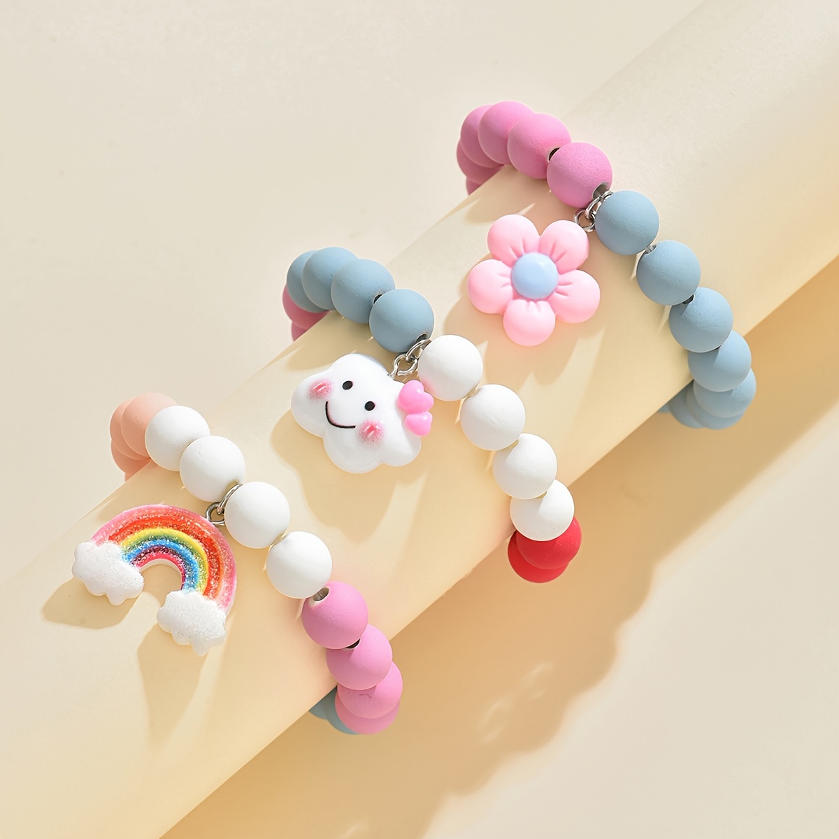 Image of 3pcs Cute Flower Cloud Rainbow Pendant Frosted Beaded, Elegant Simple Versatile Barcelet, Girls Daily Stylish Accessories, Classic Souvenir, Ideal Gift For Christmas, Birthday