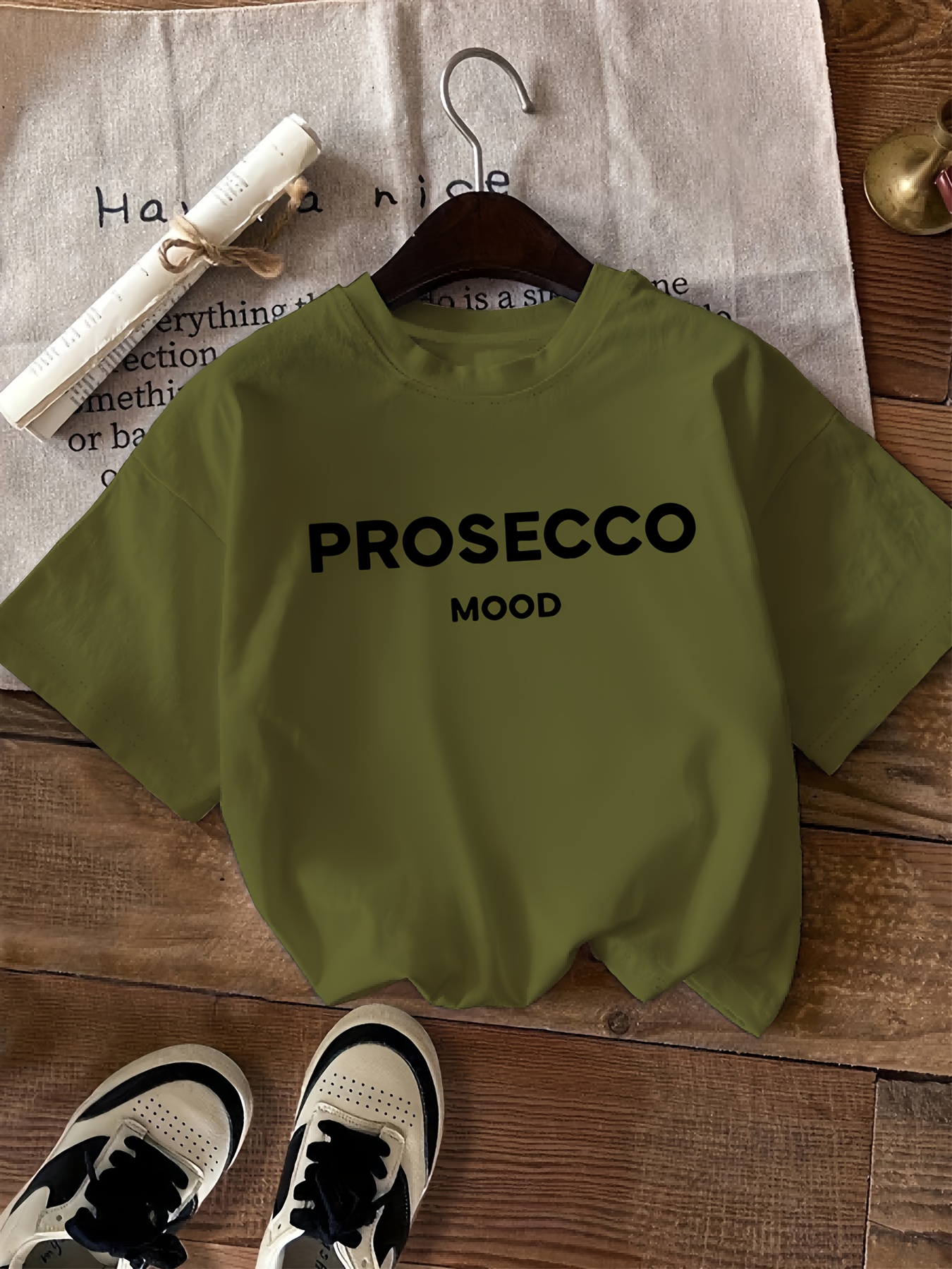 Letter print t-shirt, short sleeve crew neck casual top, Women's clothing