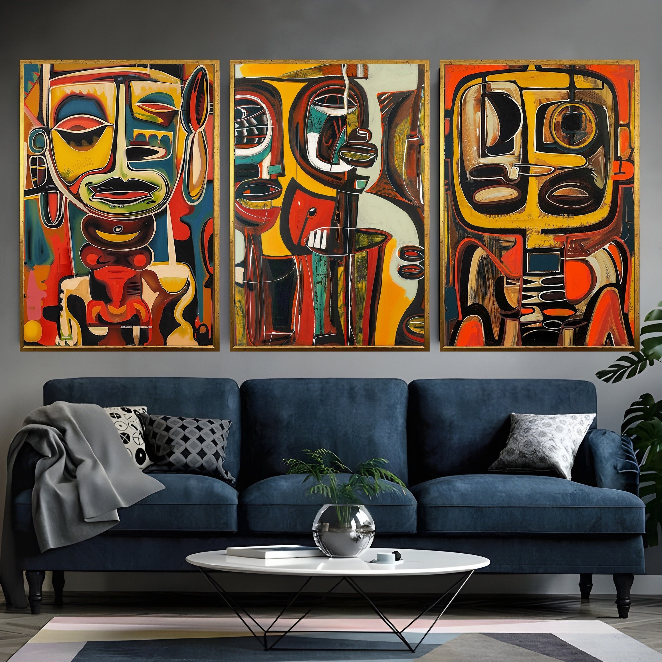 

Modern African Abstract Portrait Canvas Wall Art, Set Of 3, 15.7 X 23.6 Inch, Frameless Posters For Living Room Decor, Indoor Canvas Artwork, Ethnic Themed Decorative Hanging Paintings
