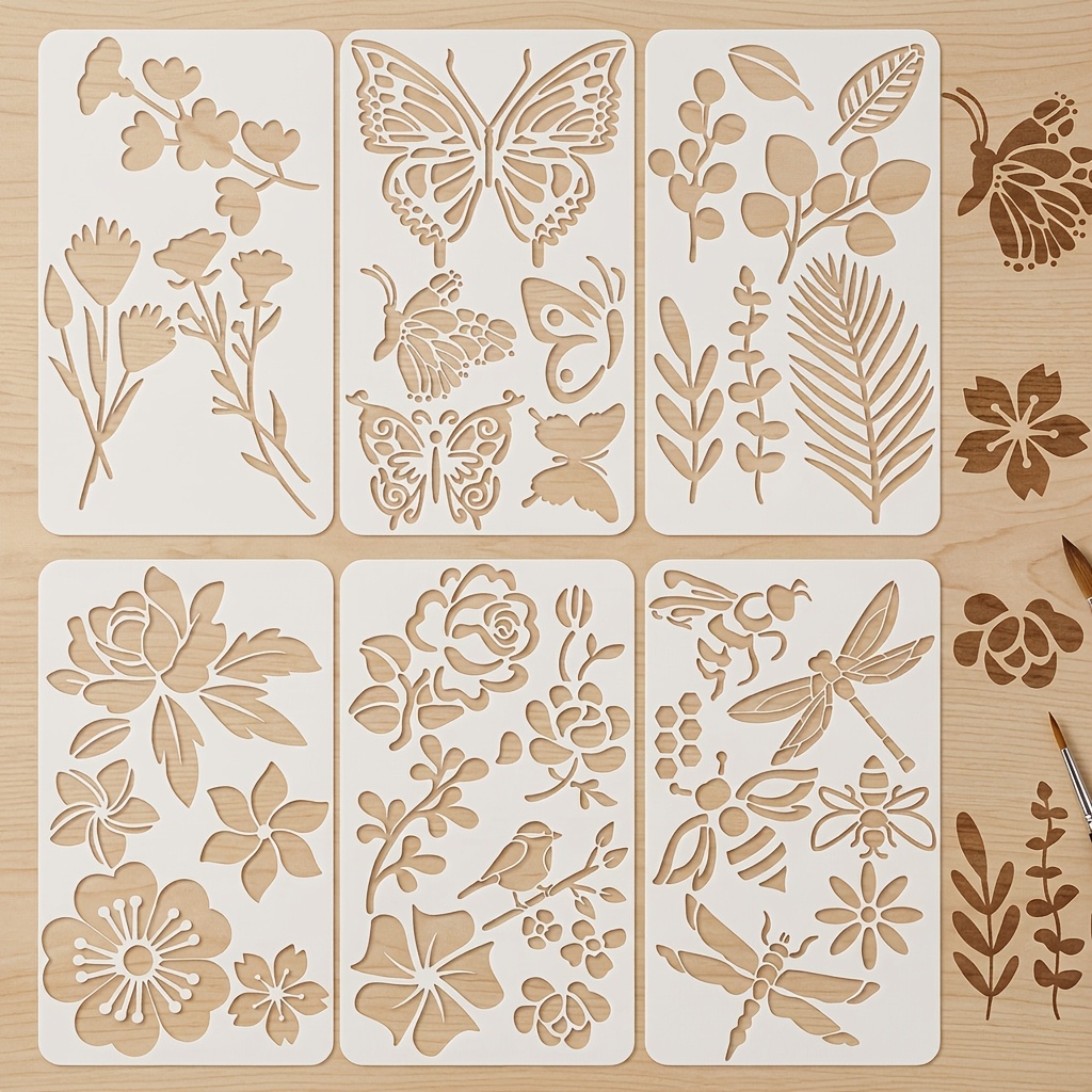 TEMU Reusable Stencils For Painting - Flower, , Leaf, Rose, Bird, Bee, Dragonfly, Plant Insect Patterns - Diy Craft Templates For Wood, Canvas, Wall