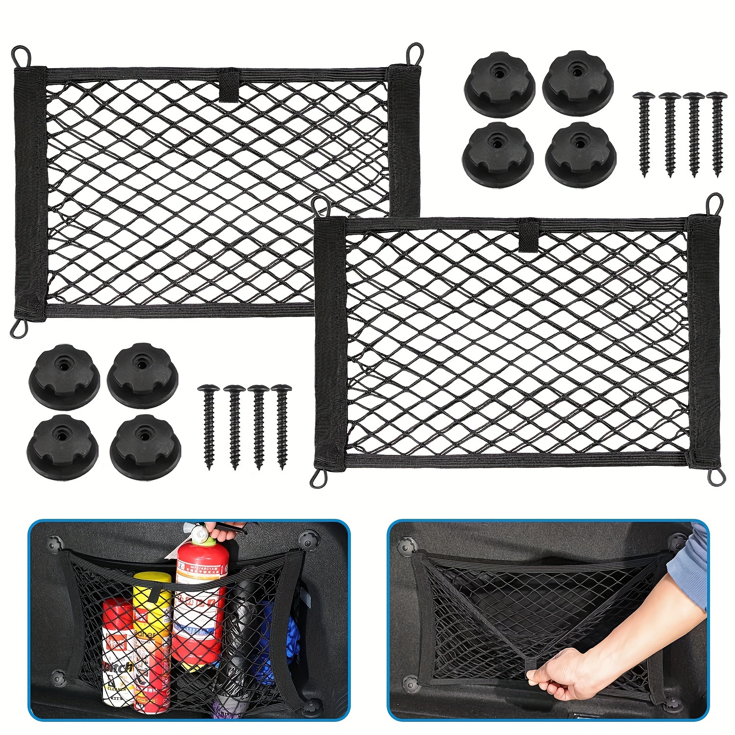 

Compact Elastic Cargo Nets For Vehicles - 2 Piece, Polyester Mesh With Hooks & Screws, Fits Cars, Rvs, Boats (17.7"x9.8")