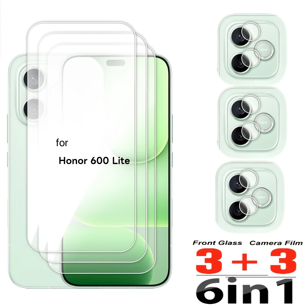 TEMU Vidrio templado 6 en 1 para pantalla y lente, para Honor 600 Lite 5G, protector de pantalla transparente de cristal con adhesivo completo para