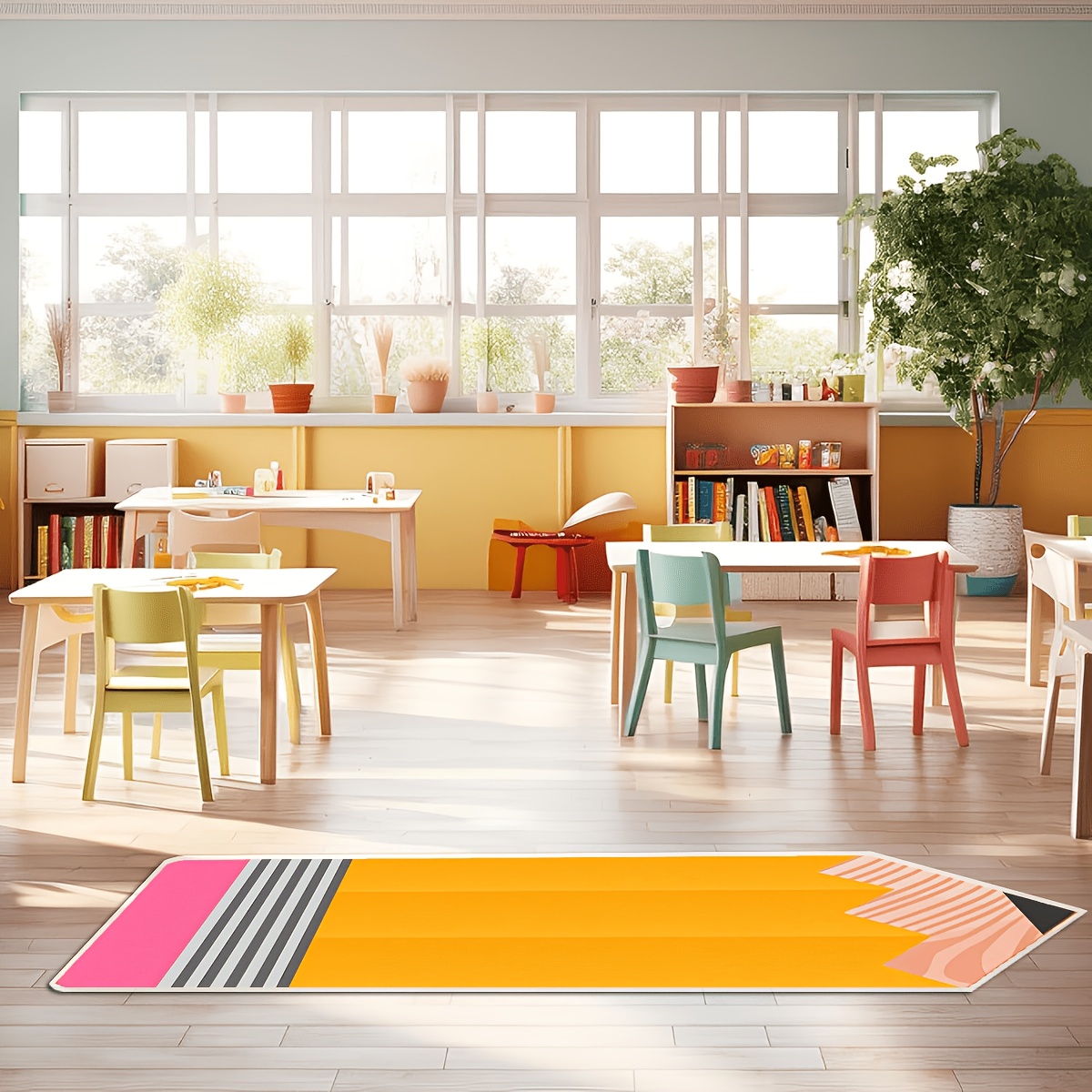 TEMU 1pc Yellow Pencil Cute Study-shaped Long Carpet, Easy To Clean, Foldable Indoor Printed Mat, Soft And Durable Machine Washable Carpet, Suitable