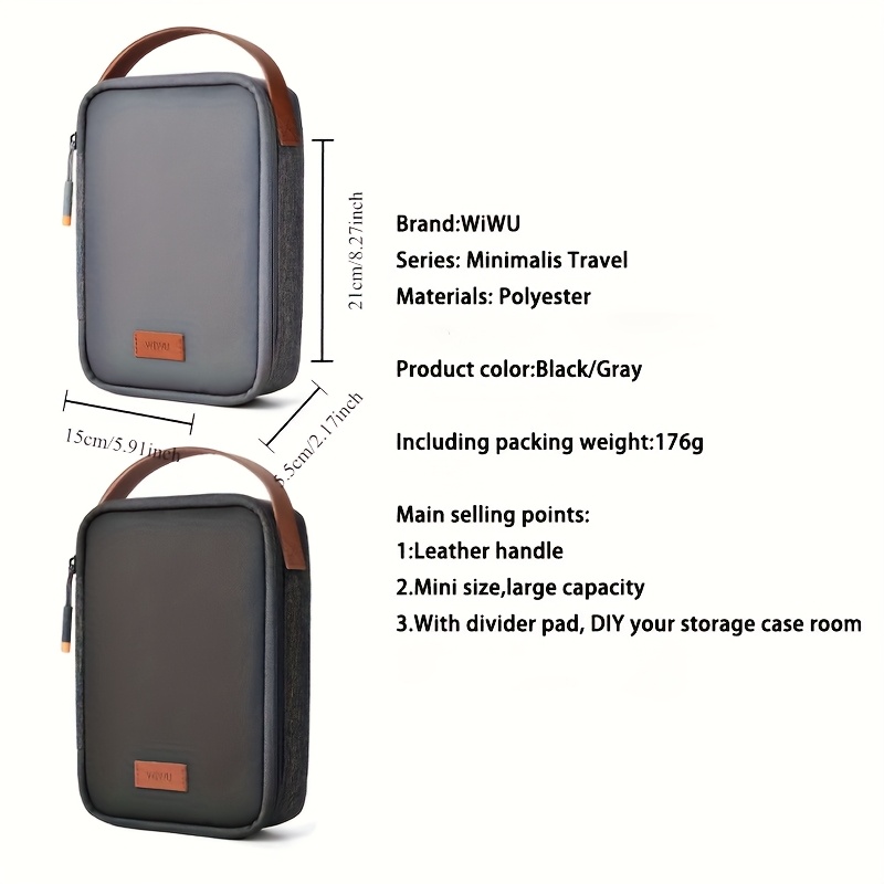 Compact Gray Travel Organizer Bag with Brown Accents - Portable Cable & Phone Storage Pouch for Cables, Chargers, and Accessories, Durable Polyester Material, Perfect for Tech Enthusiasts, Tech Accessory Pouch | Sleek Design | Secure Zipper Closure, Travel Organizer