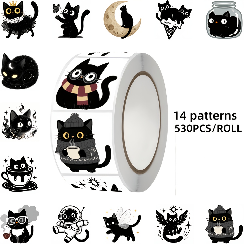 TEMU 530pcs Black Cat Themed Stickers, 14 Pattern Designs, Suitable For Packaging Decoration, Laptops, Tablets, Notebooks, Envelopes, Gift Boxes,