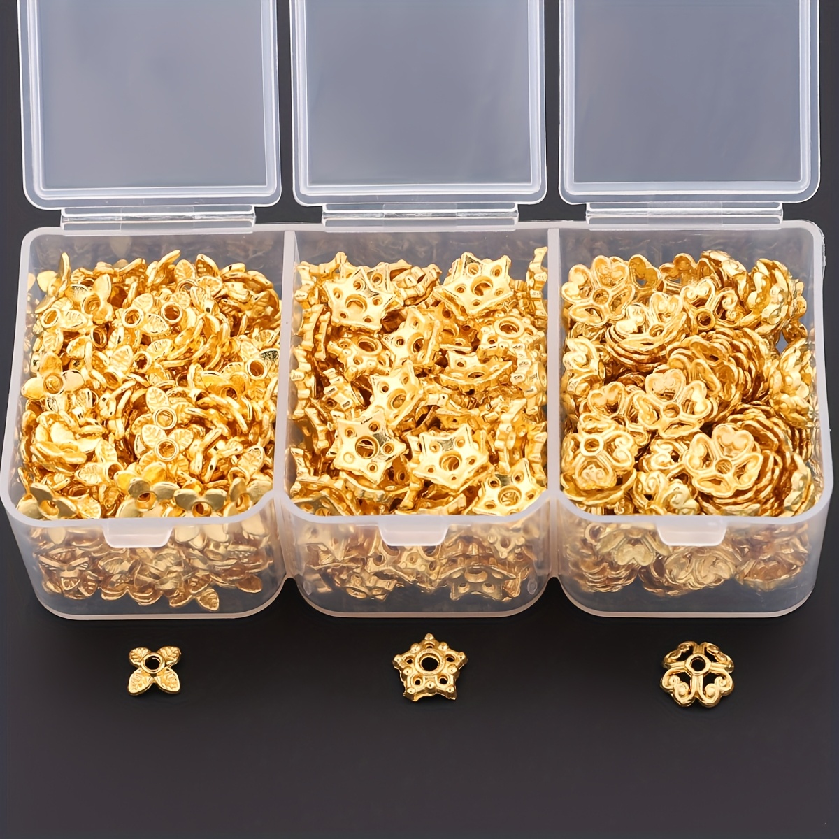 E-shop 240 Stück/Box Blatt--Muster goldene Perlenkappen-Endkappen, Box-Set, Perlenkappen, Perlenständer, Quastenkappen-Endkappen-Abstandshalter,