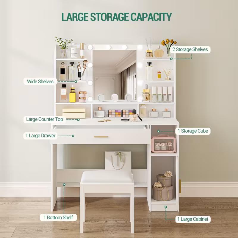 dressing table large table top with adjustable brightness with drawers and storage cabinets open shelves for bedroom wardrobe white 3