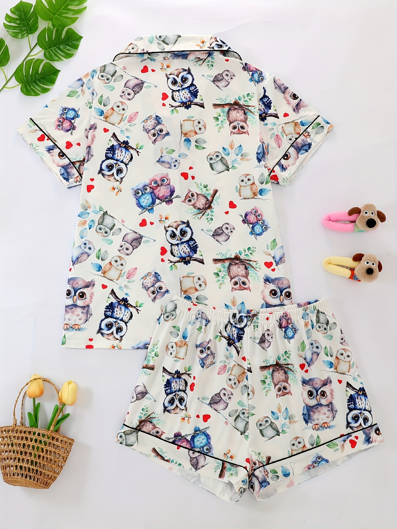 two piece pajama set with collared short sleeve open front shirt and loose elastic shorts   print pattern   wearable casual   womens sleepwear and loungewear outfit polyester fabric Product details 1