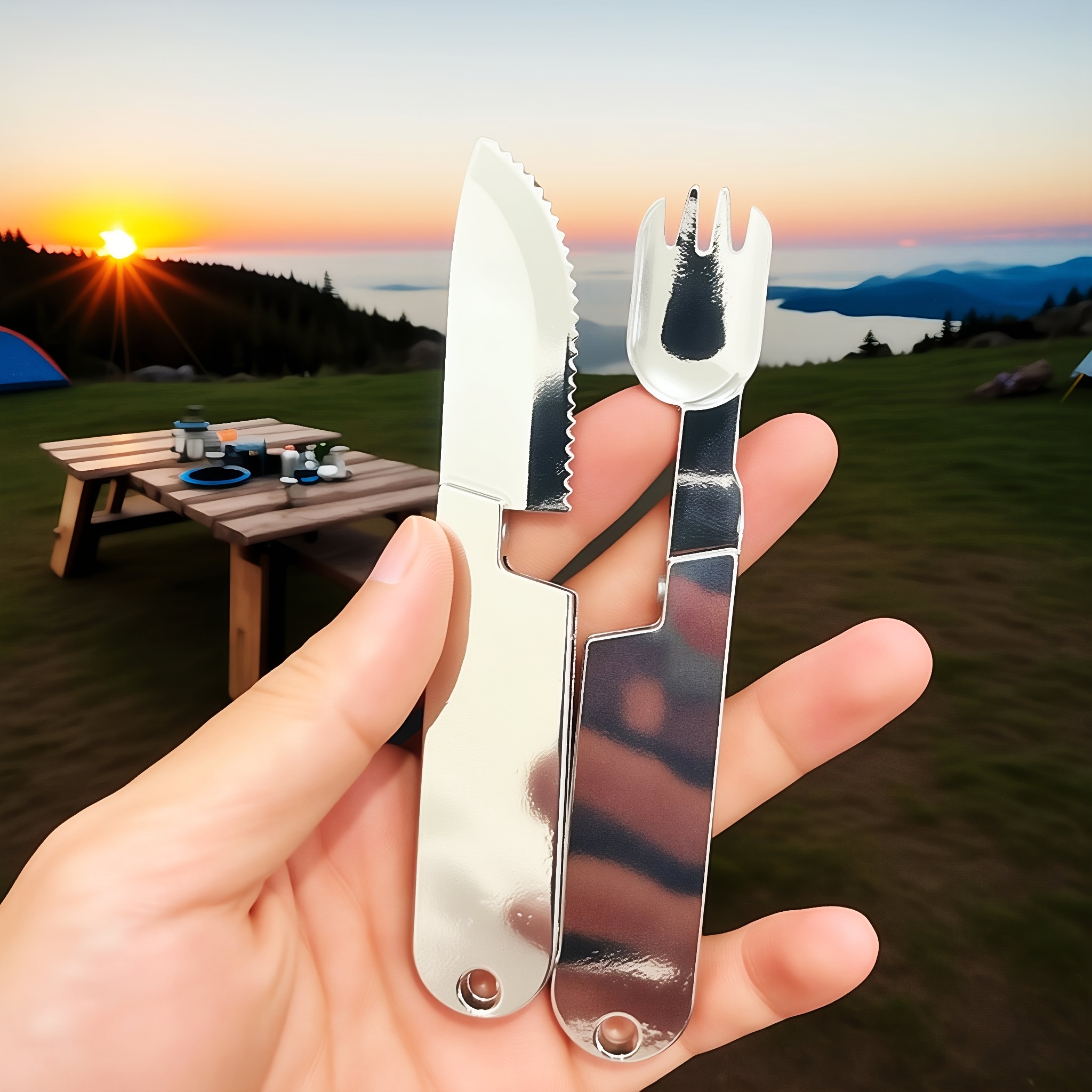 outdoor camping portable stainless steel 2 in 1 camping cutlery knife and fork set exquisite and compact   outdoor bbq cooking Product details 1