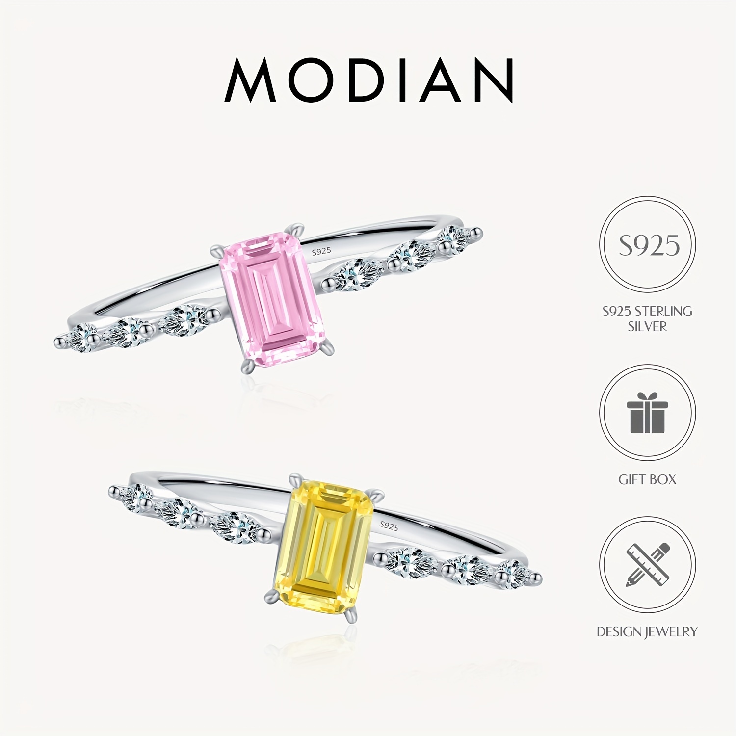 

Modian Elegant S925 Sterling Silver Ring With Pink And Yellow Rectangular Cubic Zirconia Stones, Cute Vacation Style, Hypoallergenic, Perfect For Party And Valentine's Day Gift