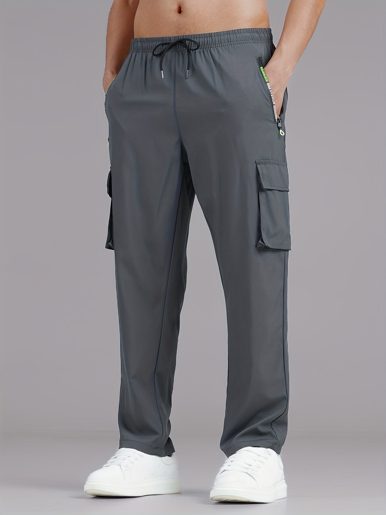 mens stylish casual pants solid color multi pocket cargo trousers relaxed   for hiking fishing and outdoor camping