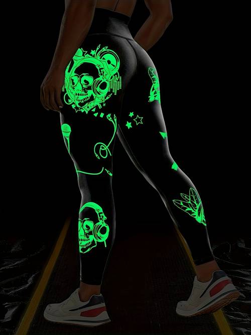 -the-dark halloween print hoge taille yoga leggings voor vrouwen - rekbare, buikcontrole workout & hardloopbroek
