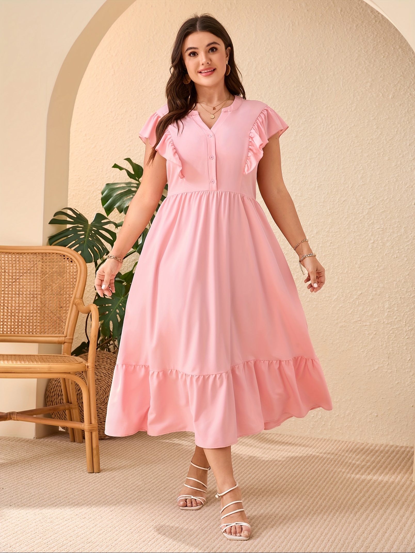 women plus size maxi dress v neck button ruffle sleeve - Temu