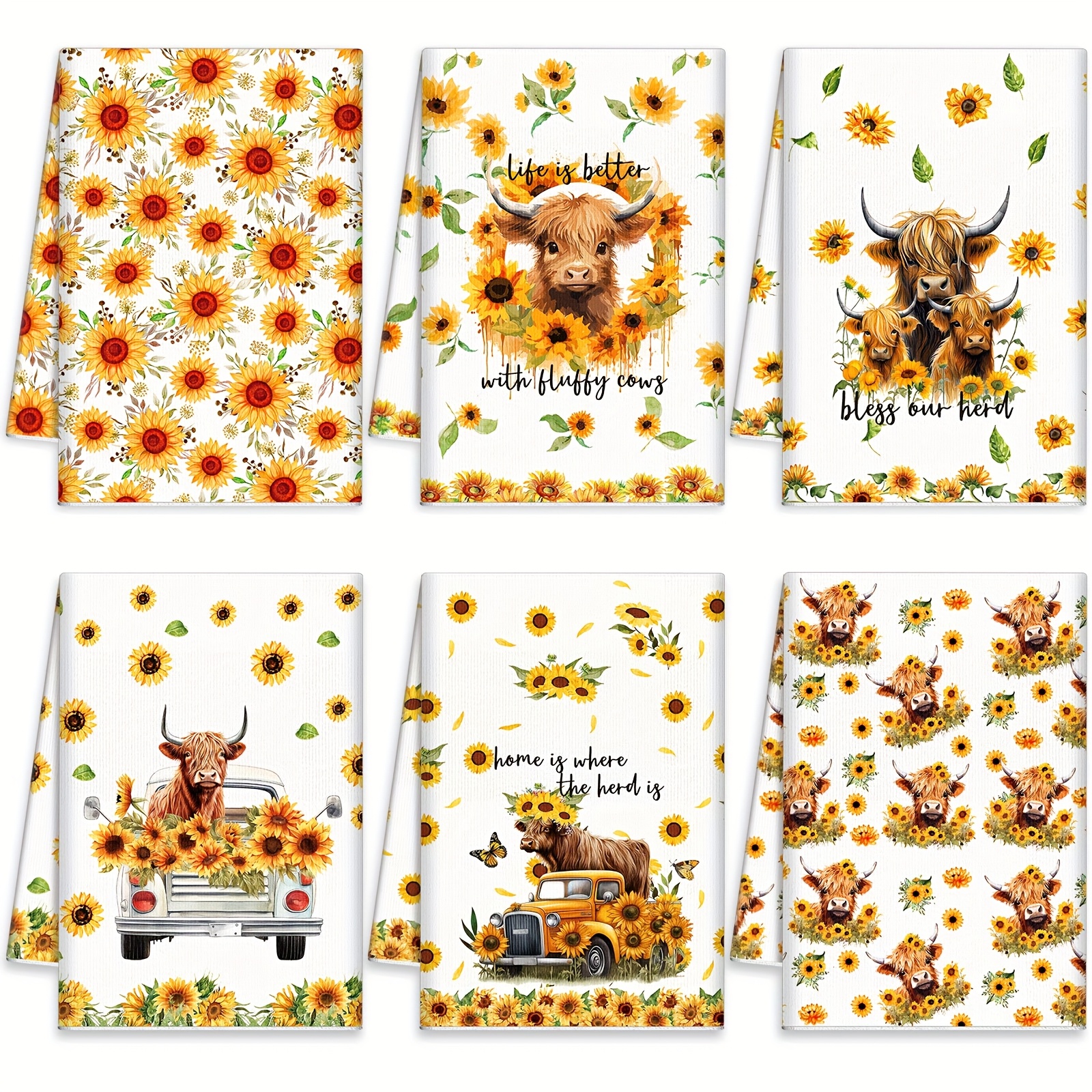 TEMU 6pcs Sunflower Kitchen Towels Sunflowers Dish Towels Highland Cow Hand Towel Spring Sunflowers Kitchen Towels Tea Towel Sunflower Farmhouse Summer Floral Decor Sunflower Gift For Women