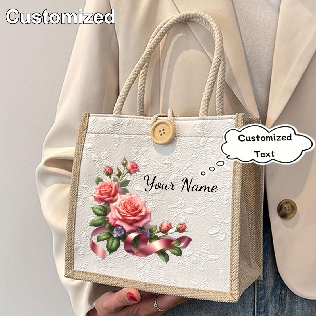 E-shop 1 Stück Personalisierte Kleine Handtasche - Individueller Name/Text, Elegante Blumentasche mit Rosa Rosen, Langlebige Polyester Mini-Handtasche