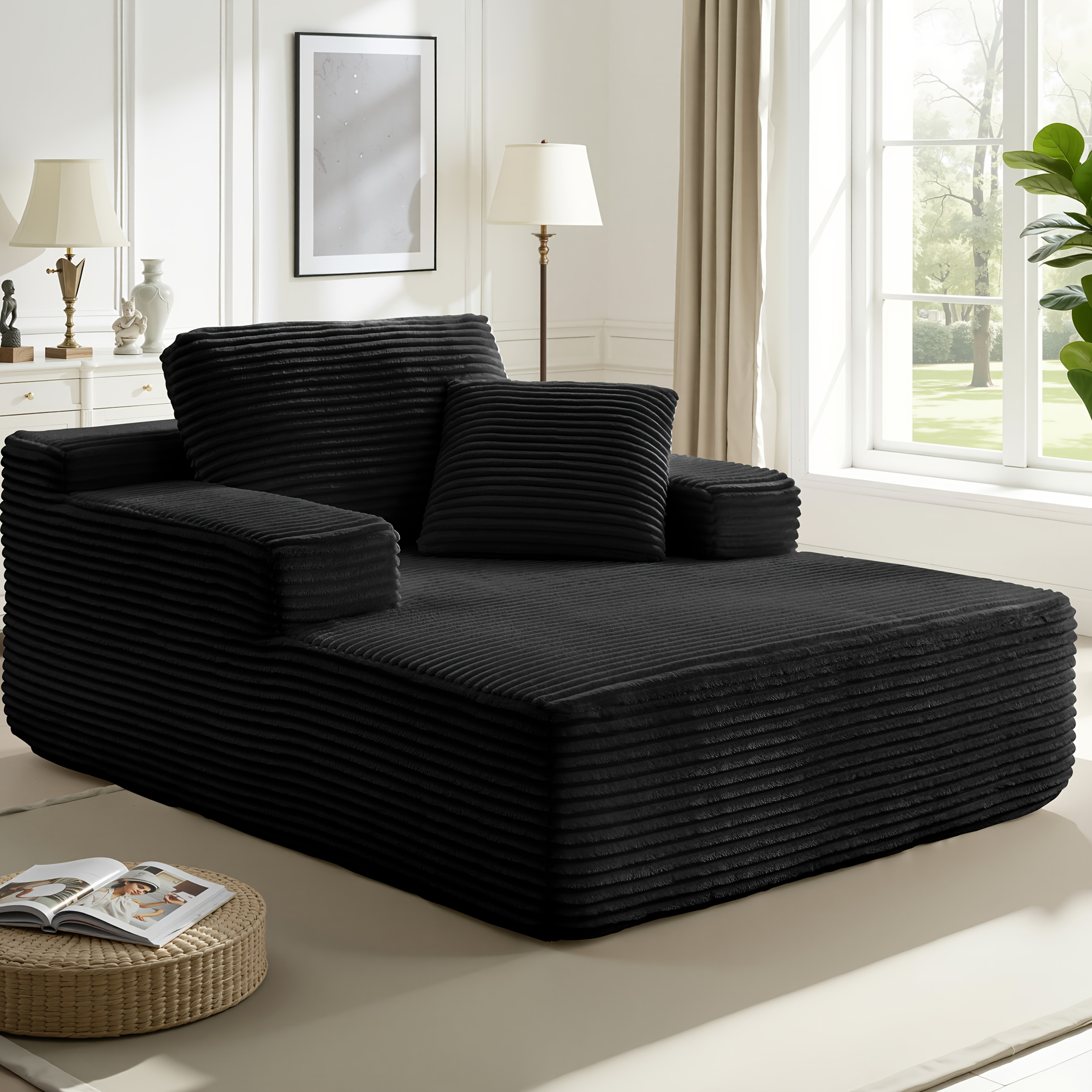 51-inch Oversized Boneless Lounge Chaise Recliner - Corduroy Sofa with Pillows and Armrests | Deep-Seat with High-Density Foam Cushion | U-Shaped Folding Sofa Bed for Living Room, Apartment, Bedroom | No Assembly Required | Available in Beige