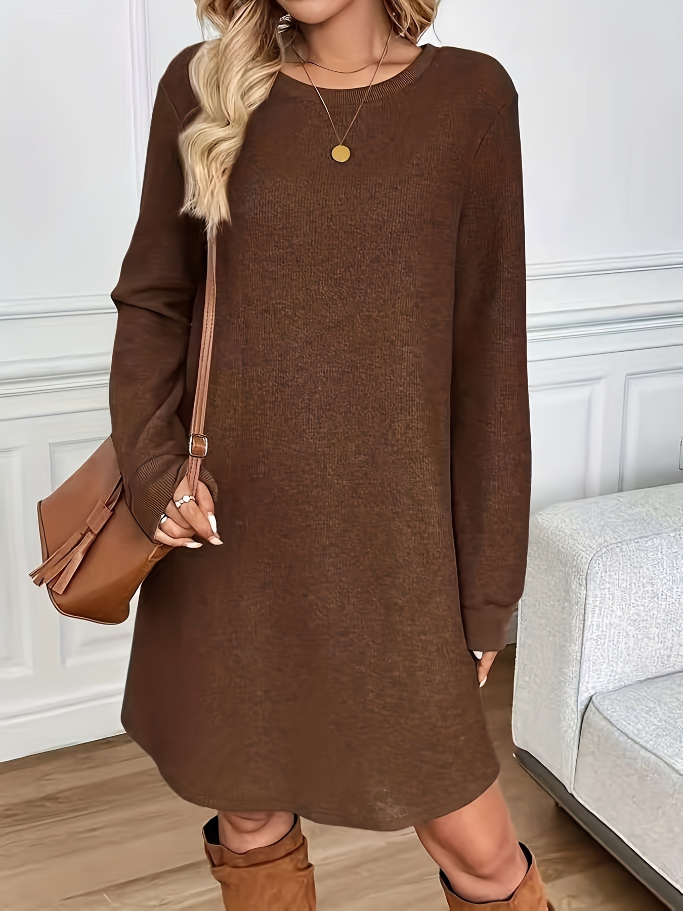womens elegant brown round neck short sleeve mini dress - Temu Ireland