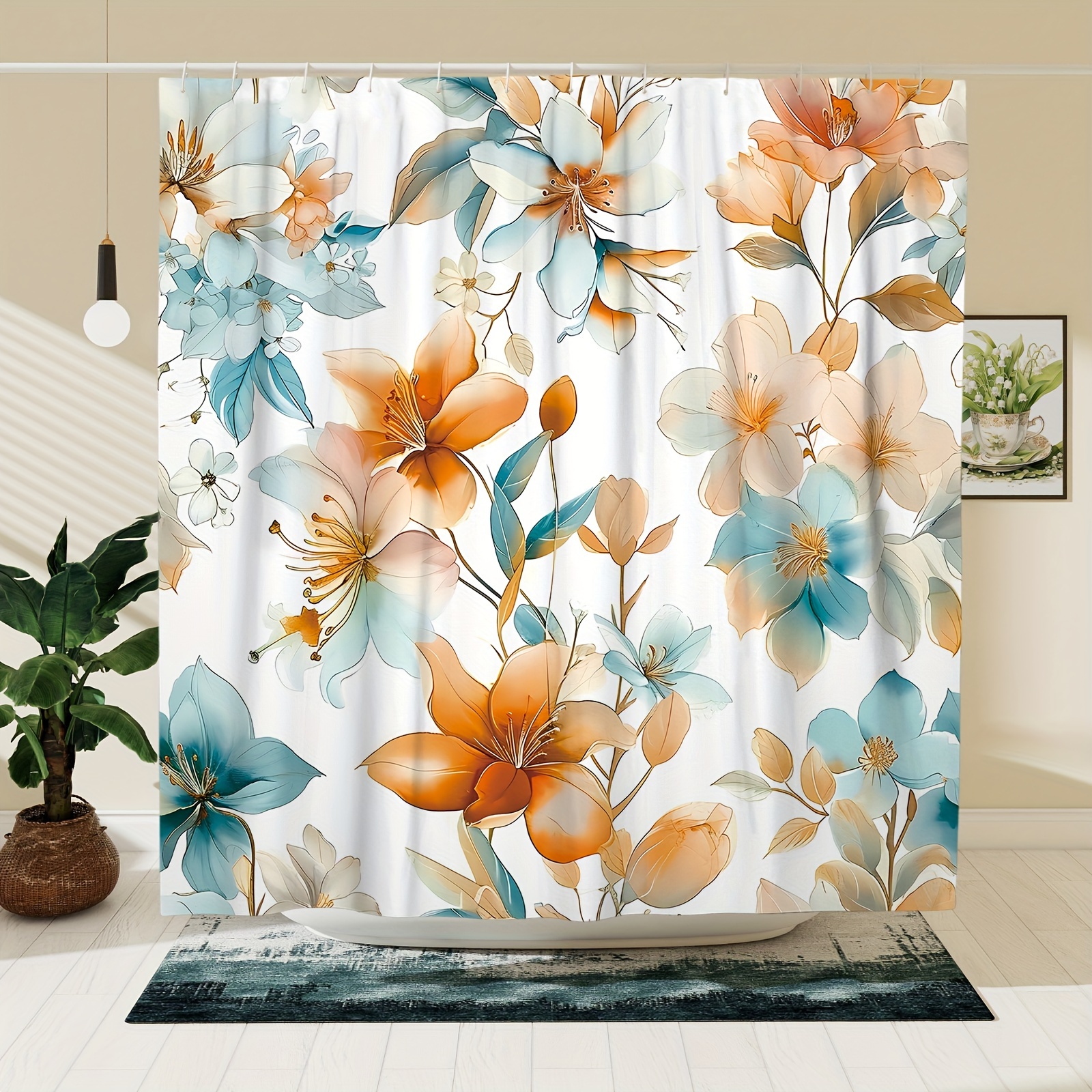 

1pc Orange Blue Flower Pattern Shower Curtain, Waterproof Shower Curtain With Hooks, Bathtub Partition, Suitable For Spring Bathroom Bathtub Decoration, Bathroom Accessories