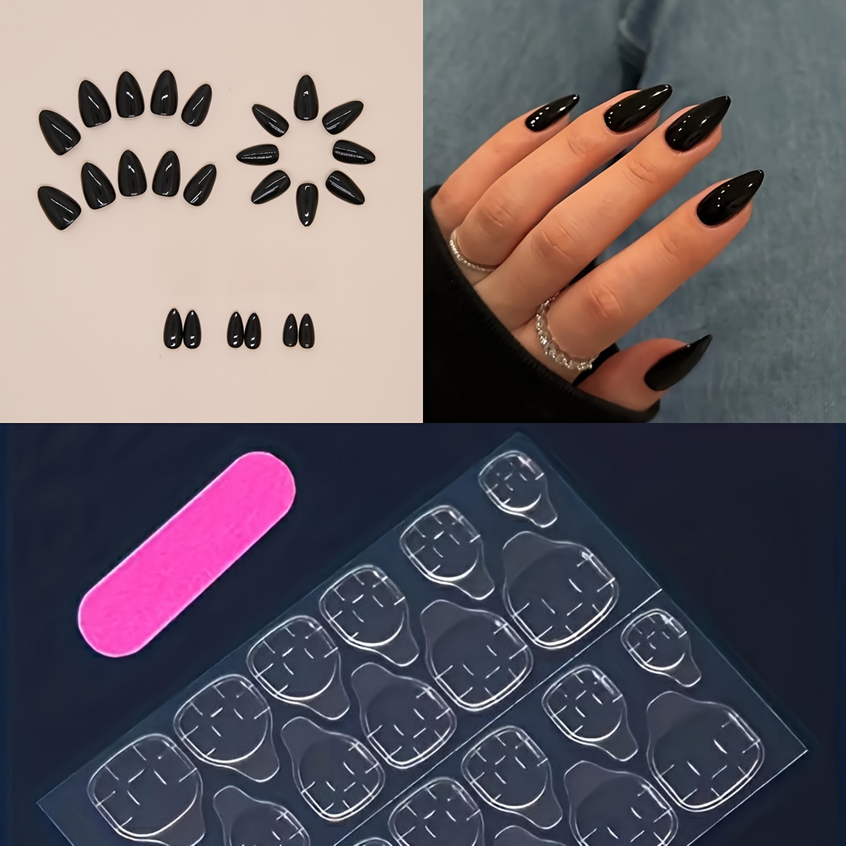 TEMU 24pcs Black Almond-shaped Press-on Nails, Fashionable Exquisite Fake Nails, Suitable For Women And For Holidays, Parties, Daily Wear, Easy To,
