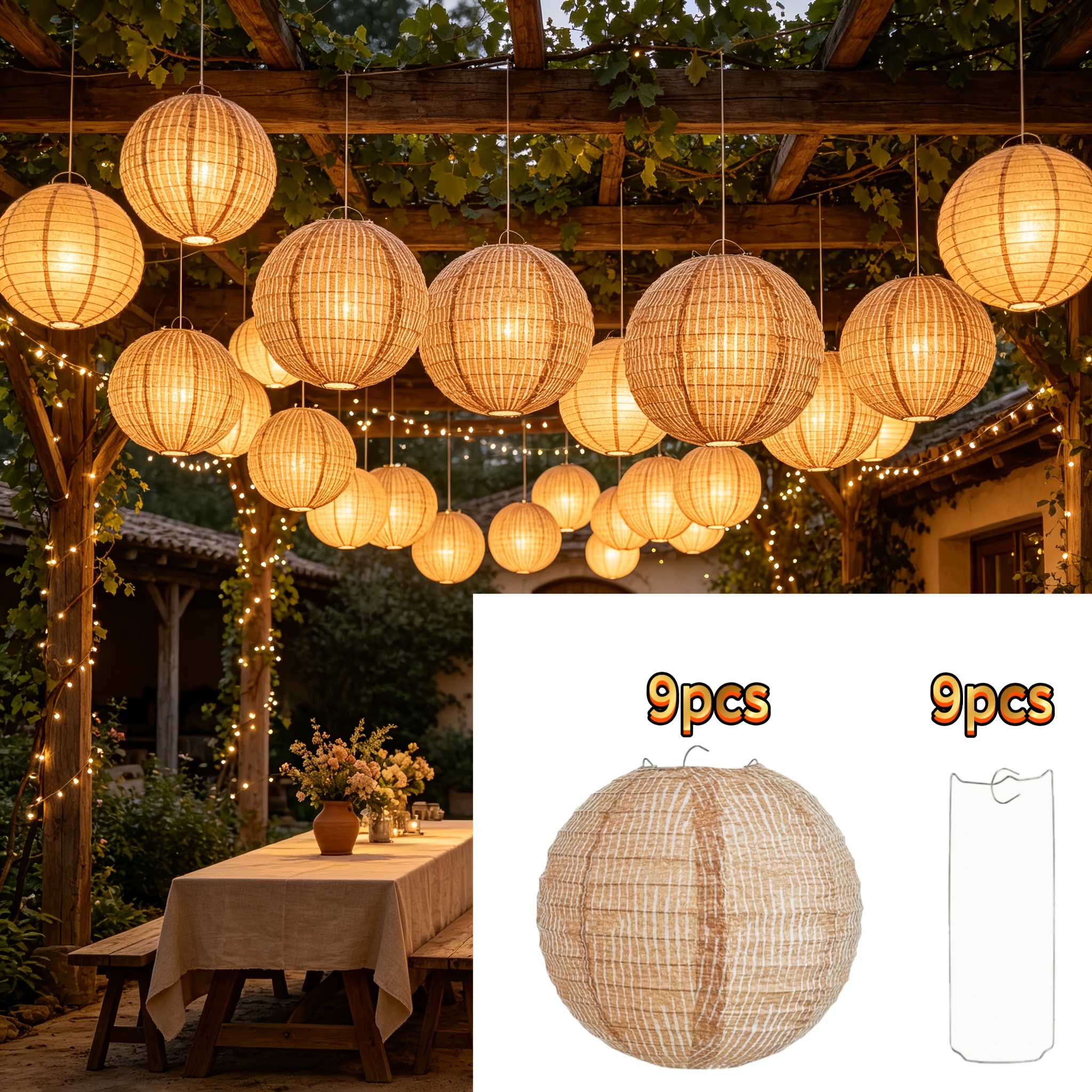 TEMU 9 Lanterns And 9 Metal Brackets, Vertical Striped Paper Spherical Lanterns, Suitable For Rural Courtyards, Western Restaurants, Forest-style