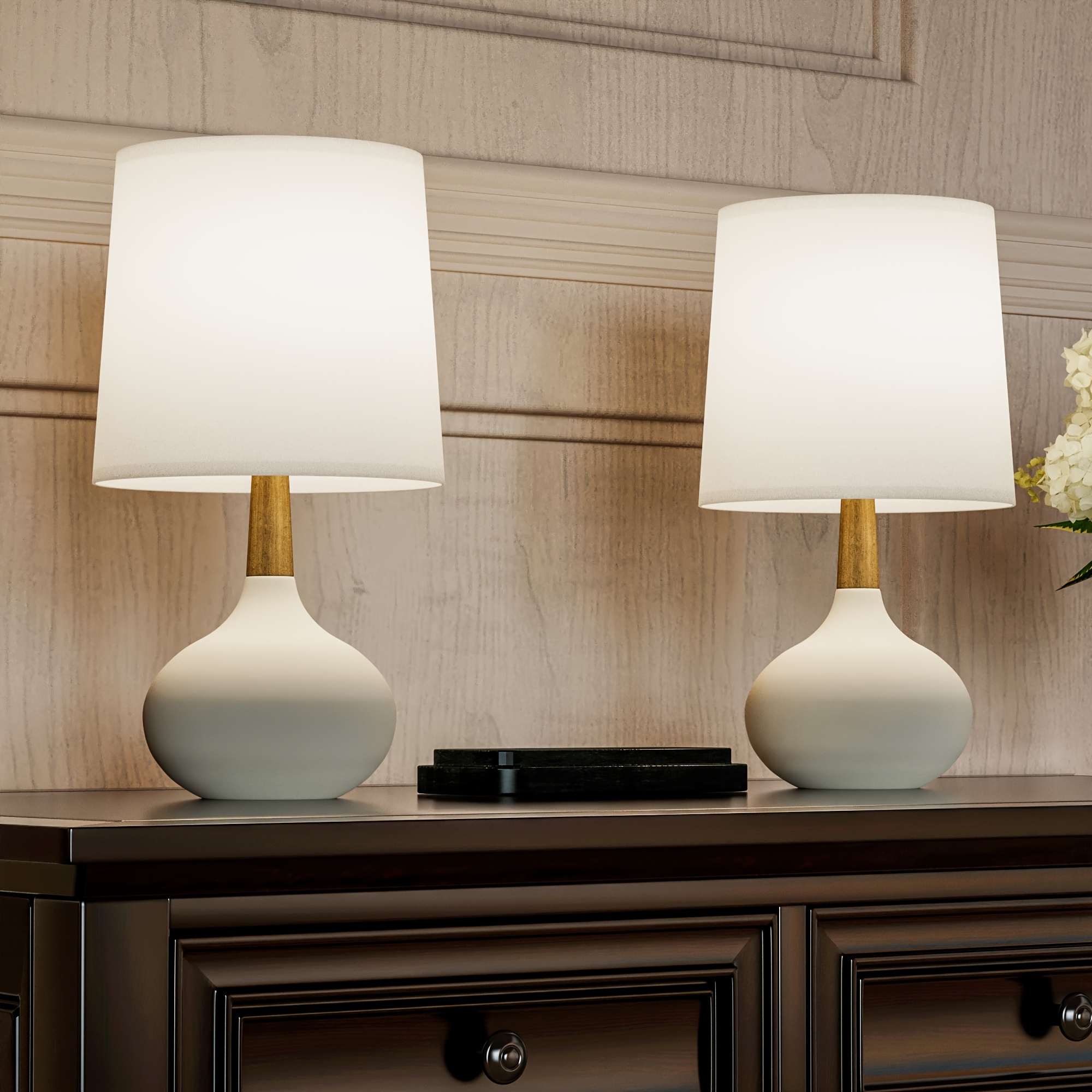 TEMU White/black/green/blue Small Ceramic Table Lamps Set Of 2, 14 Inches Mini Bedside Lamps With , Farmhouse Nightstand Lamp With Wooden Neck For