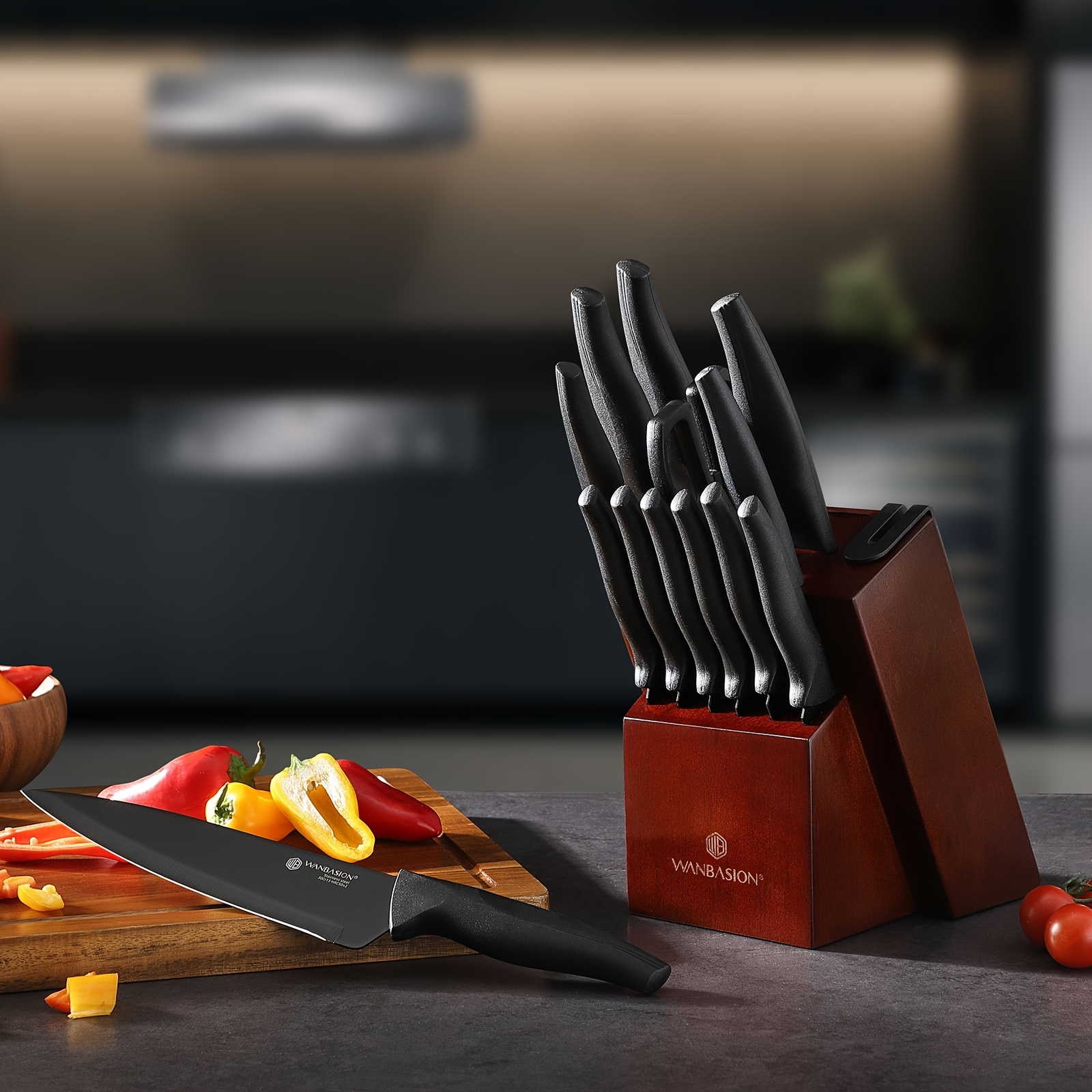

15pcs Kitchen Knife Set With Block And Sharpener, Sharp Stainless Steel Knife Set, Dishwasher Safe Knives Set With Block Black