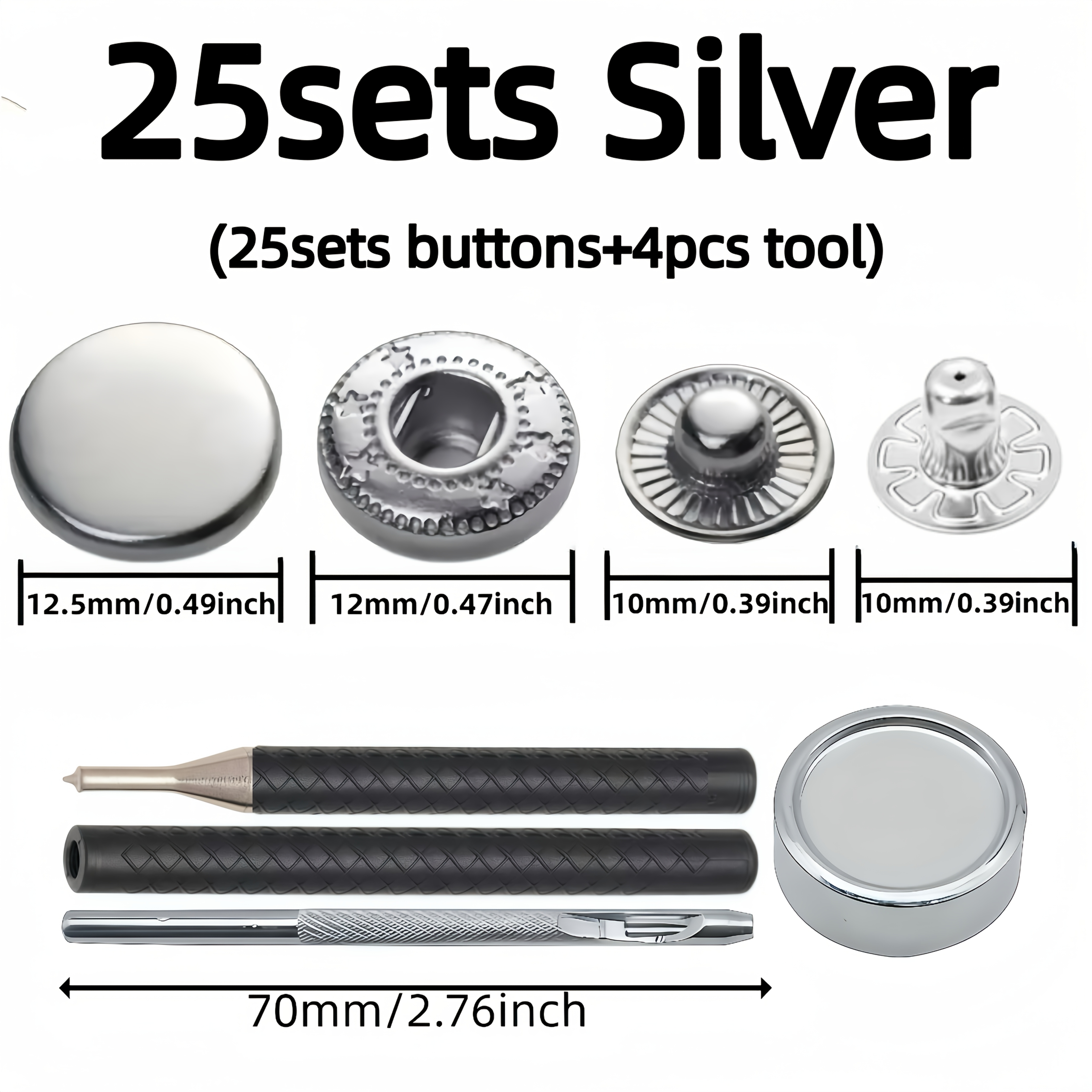 TEMU Lot de 25 ensembles de boutons-pression métalliques en acier inoxydable 633, 12,5 mm, avec outils d'installation, boutons-pression en parties