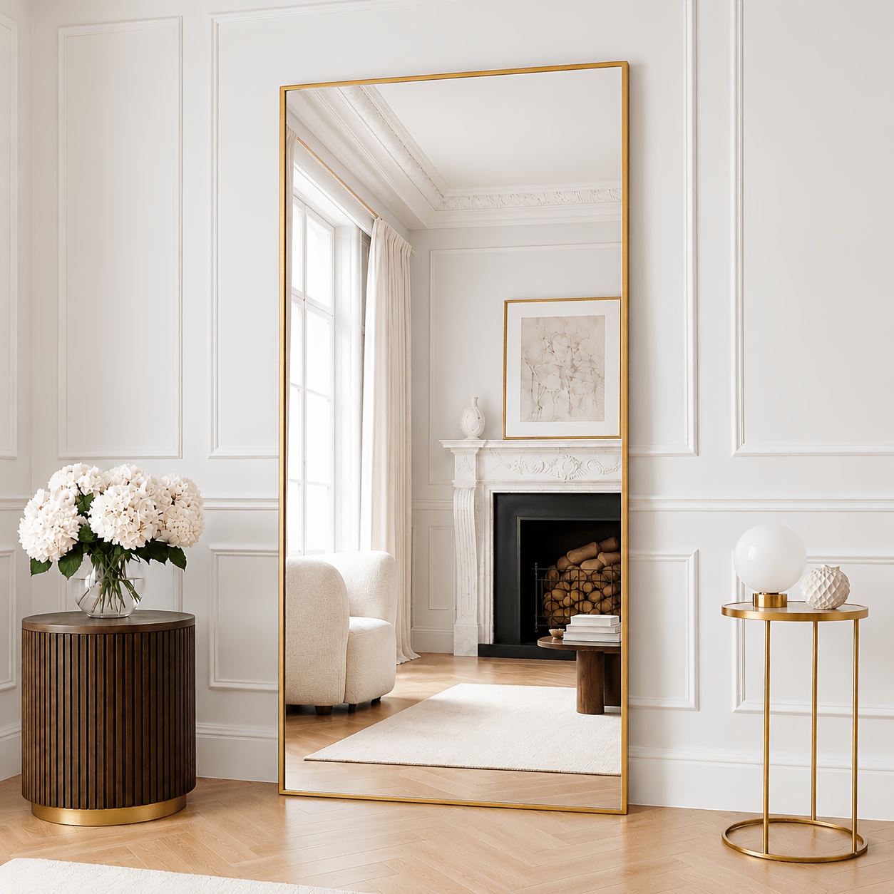 Image of 171x76cm Golden Floor Mirror, 1.3cm Deep Frame, 0.6cm Aluminum Alloy Golden Narrow Edge, Hd Mirror, Wall-mounted Or Installation, Suitable For Bedroom, Entryway, Living Room, .