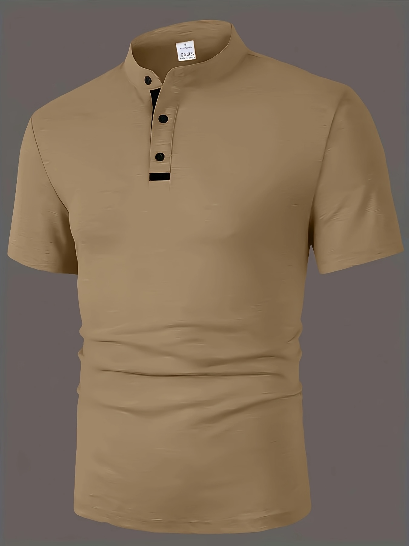 Plus-Size Men's Short-Sleeve Casual T-Shirt - Slight Elasticity, Classic Solid Color & Button Detail, Breathable Stand-Up Collar for Spring/Summer Wear, Stylish Plussize Top, PLUS SIZE