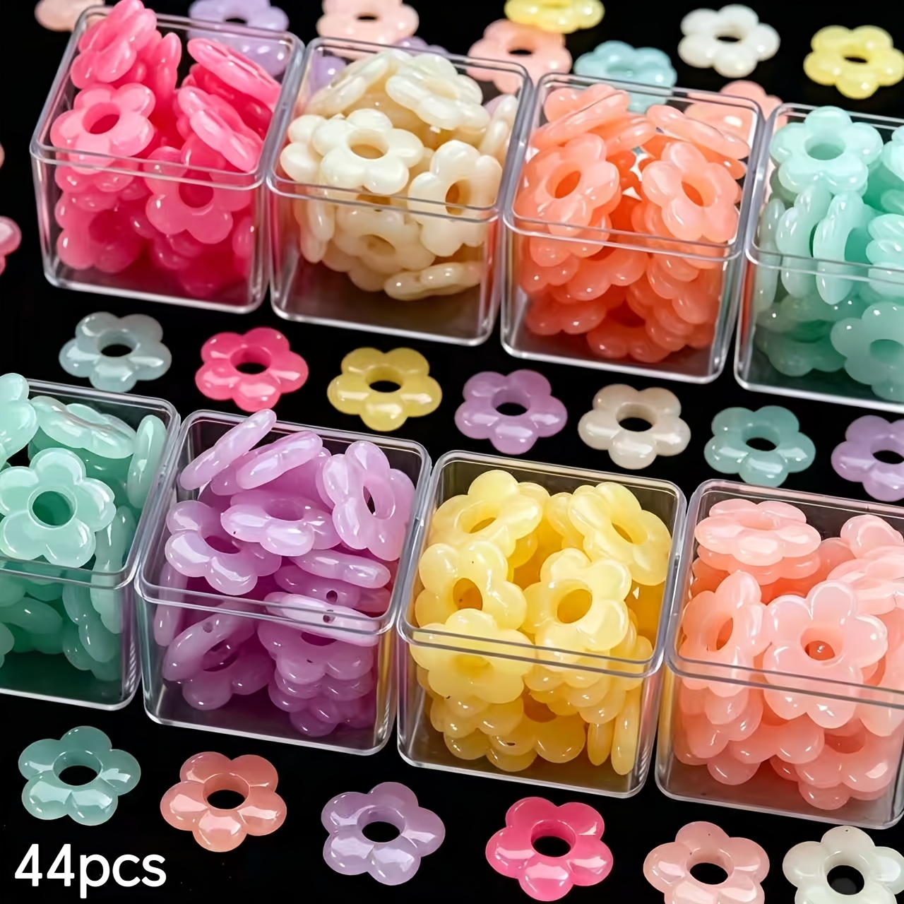 TEMU 44pcs 19mm Macaron Jelly Color Hollow Five-petal Flower Acrylic Loose Beads, Smooth Flawless Transparent Flower Beading Accessories For Women >