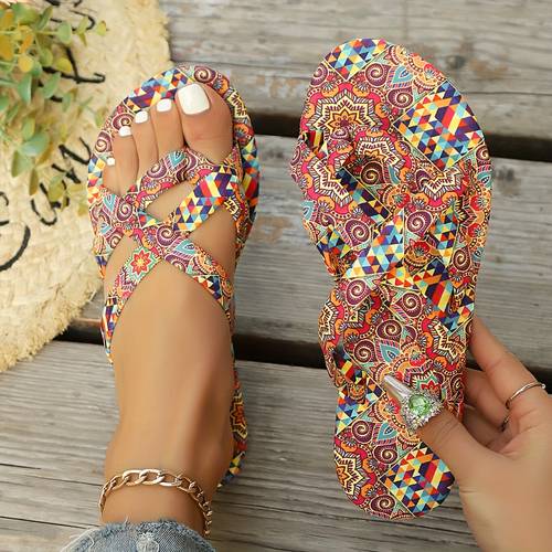 womens bohemian flip flops colorful floral sandals with open toe strapback design lightweight fabric upper sole summer beach pool wear poolside footwear bohemian style lightweight sandals