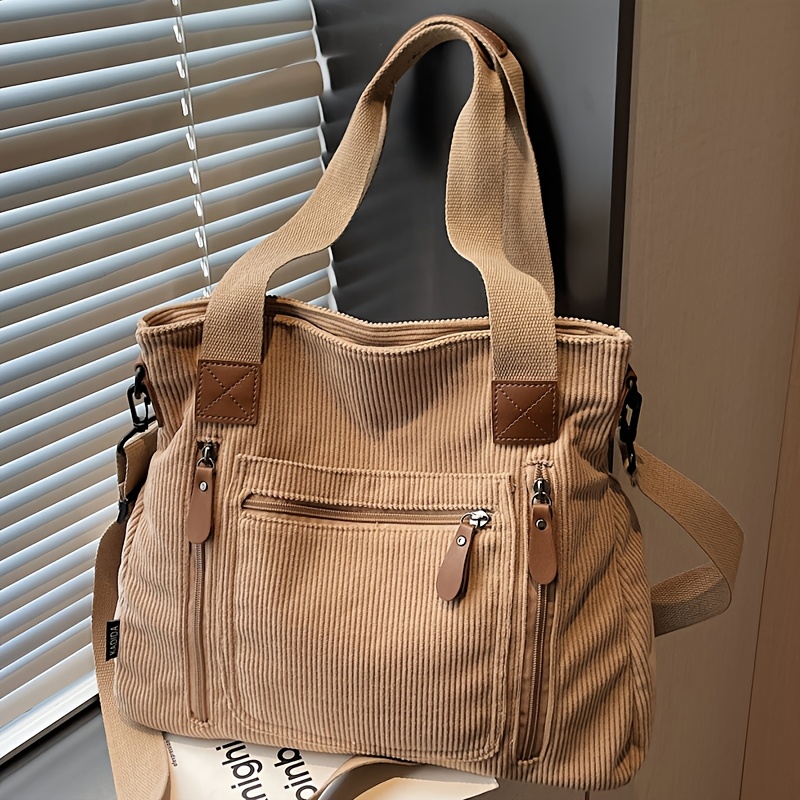 TEMU This New Corduroy Tote Bag Features A Spacious And Stylish Design For Women, With Fixed Handles And A Detachable Adjustable Shoulder Strap. On