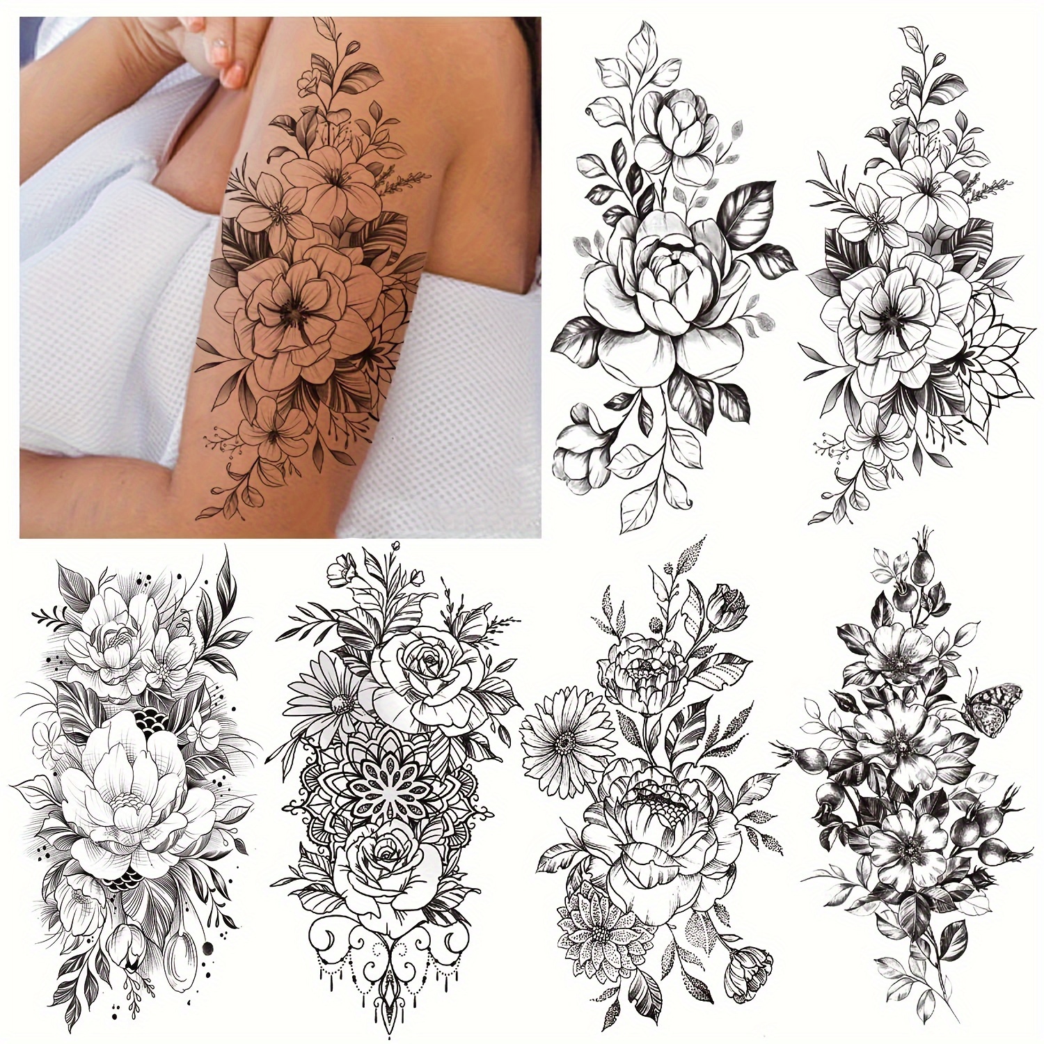

8 Pcs Temporary Tattoos For Women, Semi Permanent Half Arm Sleeve Tattoos Waterproof Bod Y Art Sticker For Women, Long Lasting Realistic Sexy Flower Tattoos