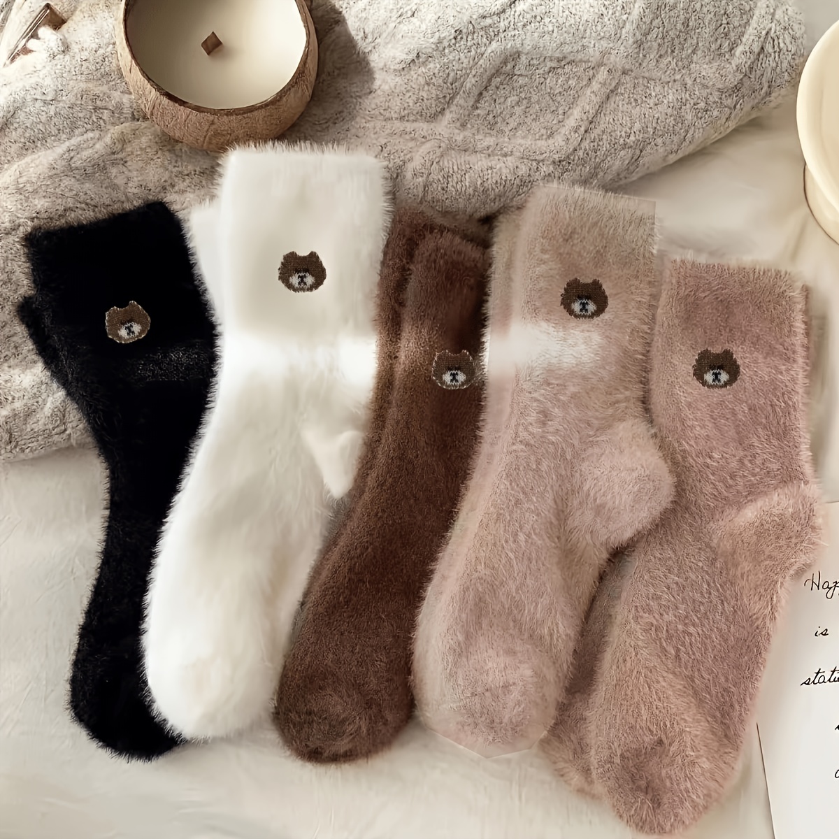 TEMU 5 Pairs Autumn Winter Cute Bear Embroidery Plush Socks, Coffee-colored Thick Warm Mid-calf Socks, Autumn Winter Cold Protection Maternity Floor