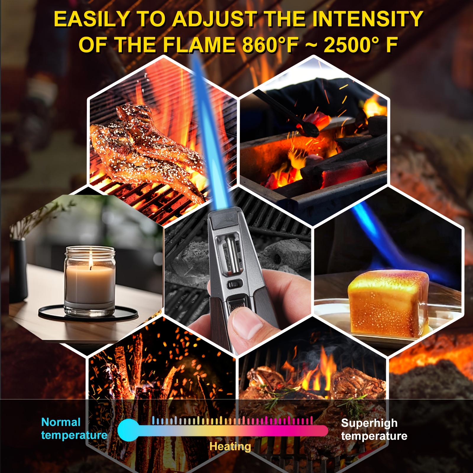 TEMU Brichette à Butane Rechargeable avec Verrou de Sécurité, Flamme Réglable, de Cuisine Résistante au Vent, Poignée en pour et Soudure (Butane Non