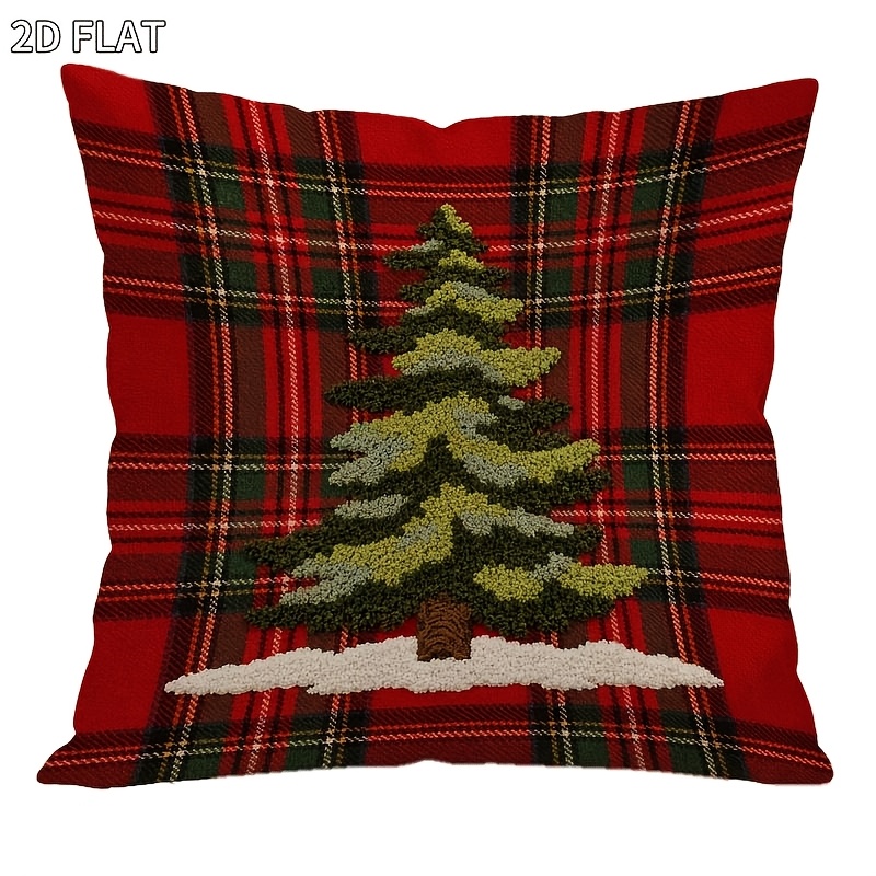 TEMU 1pc, Christmas Tree Plaid Pillowcase, 45*45cm/18*18inch, Festive Red Plaid With Embroidered Tree Pattern, Suitable For Bedroom Decor, Soft And